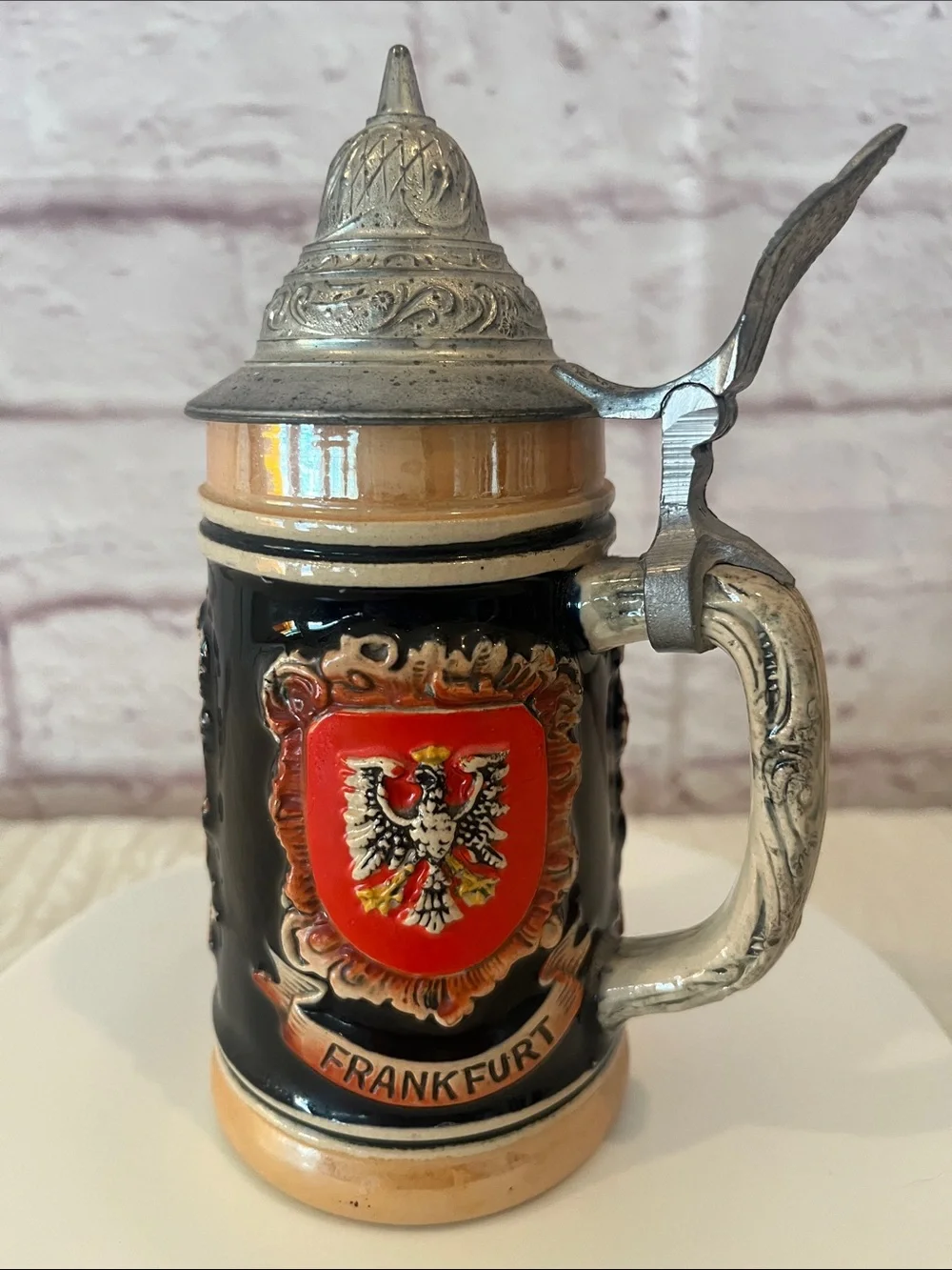 German Beer Stein made in West Germany with three shields Heidelburg, Wiesbaden